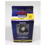 Box of 125 Rds. .22 Mag hollow point cartridges,