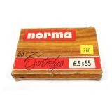 Box of Norma 6.5 x 55 156-grain SP RN cartridges,