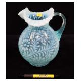 Fenton Ruffle top Blue Pitcher, 9.5" H.