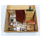 Carved wooden lift top box with Money clips,