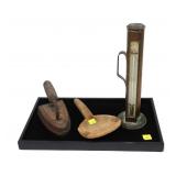 Lot: Sad Iron, Wooden paddle and Early thermometer