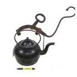 Early cast iron kettle w/hand forged iron handle