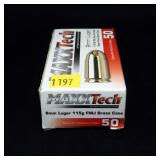 Box of 9mm Luger 115-grain brass case cartridges,