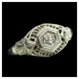 14K White gold vintage filigree diamond solitaire,