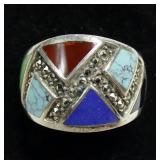 Sterling silver marcasite inlaid turquoise ring,