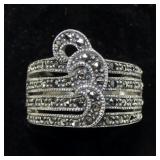 Sterling silver marcasite four-row ring, size 8