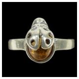 Sterling silver bezel set amber with ladybug