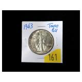 1943 Walking Liberty half dollar, toned BU