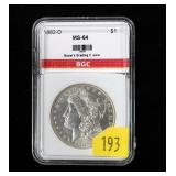 1882-O Morgan dollar, BGC slab certified MS-64