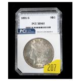 1891-S Morgan dollar, PCI slab certified MS-62