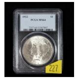 1922 Peace dollar, PCGS slab certified MS-64