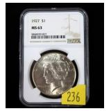 1927 Peace dollar, NGC slab certified MS-63,