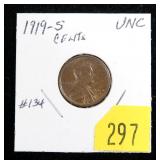 1919-S Lincoln cent, Unc.