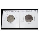 2- Shield nickels: 1868, 1869 -x2 nickels
