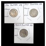 Lot, 3 Buffalo nickels: 1916, 1917, 1920-D