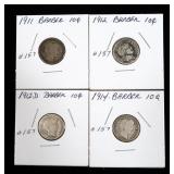 4- Barber dimes: 1911, 1912, 1912-D, 1914 - x4