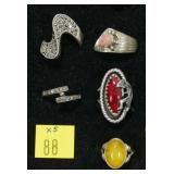 5- Sterling silver marcasite rings, sizes 4.75-8