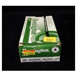 Box of .38 Super Auto +P 130-grain MC cartridges,