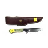 Conrad Bondu knife with leather sheath, 7" overall