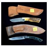 Lot, 2 hunting knives with leather sheaths: