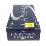 Box of .45 Auto 230-grain TMJ Lawman cartridges,
