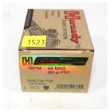 Box of .44 Mag 225-grain FTX Hornady cartridges,