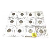 x12- British 3 pence silver coins -x12 coins