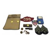 Lot, assorted military patches, pins, pouch and