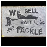 "We Sell Bait and Tackle" tin sign, 16" x 24" L