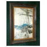 Vintage ship print in decorative frame, frame