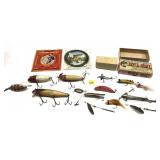 Lot, assorted lures, fishing line and empty