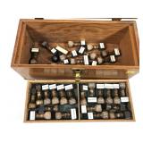 Wooden carry case with Welch Stencil ink stamps