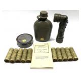Lot, military canteen, flashlight, shoe polish,