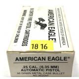 Box of .25 Cal. (6.35mm) 50-grain MC cartridges,