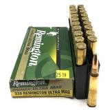 Box of Remington .338 REM Ultra Mag cartridges,