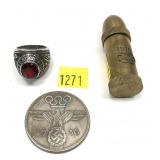 Lot, U.S. Army ring, size 10 and German Olympic