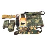 Lot, assorted slings, shotgun shell belts, bags