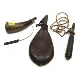 Lot, vintage leather powder flasks and horn,