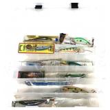 Bass Pro Shop plastic tackle box with assorted