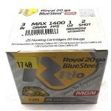 Box of 20 Ga. 3" No. 2 blue steel Rio shot shells,