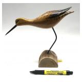 Wooden carved curlew shorebird, signed