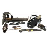 Lot, large stag handle hunting knife in leather