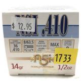 Box of .410 Ga. 2.5" No. 8 NSI shot shells,