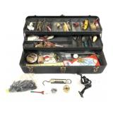 Vintage tackle box with assorted lures and