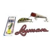 Lot, 3 assorted lures and Lyman name plate