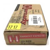 Box of .223 REM 55-grain V-Max Hornady cartridges,