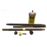 Vintage wooden cleaning rod and Outers gun oil tin