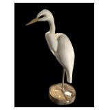 Large egret wooden carved decoy on wood base,