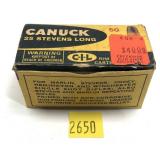 Vintage box Cannuck .25 Stevens Long cartridges,