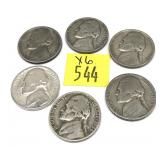 x6- Jefferson War nickels, 35% silver, -x6